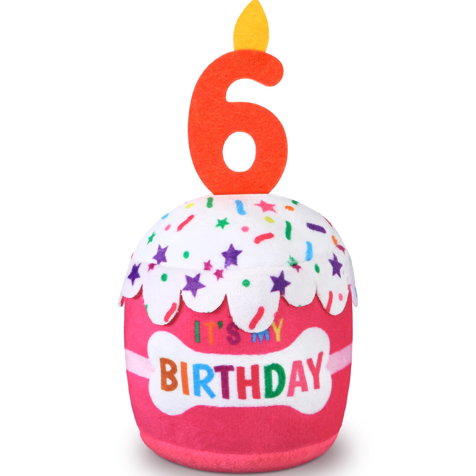 Dansydaisy dog birthday cake toy pink side-view, a cuddly squeaky celebration favorite for dogs.