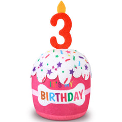 Dansydaisy dog birthday cake toy pink side view promotes festive play and gentle chewing.