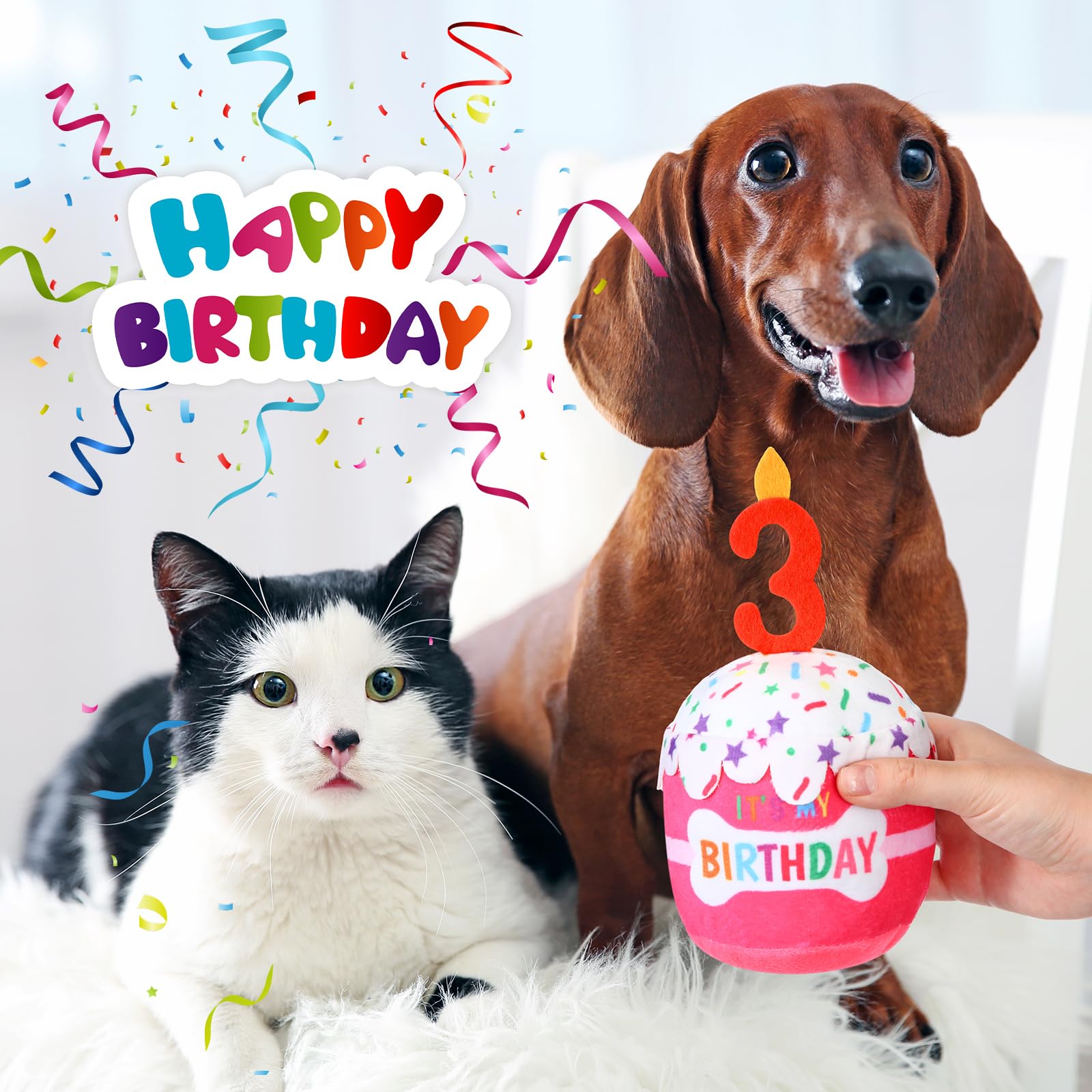 Dansydaisy dog birthday cake toy pink closeup features soft plush texture and squeaker.