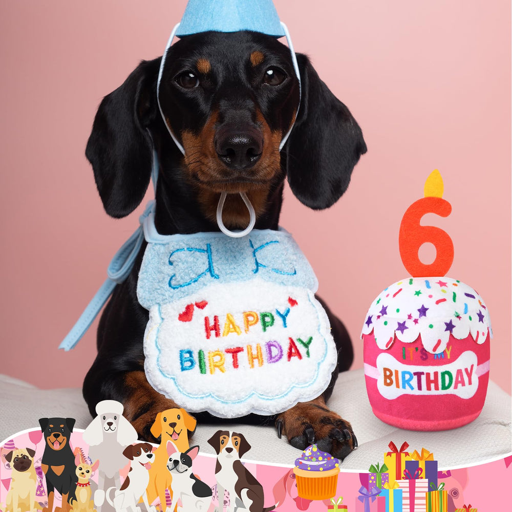 Dansydaisy dog birthday cake toy pink squeaker-cream, encourages interactive fetch and mouth-cleaning fun.