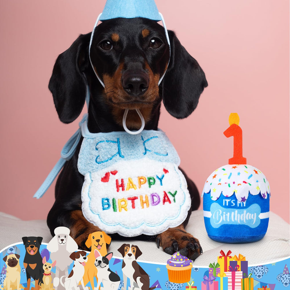 Dansydaisy dog birthday cake toy teething-friendly soft plush for early chew moments.