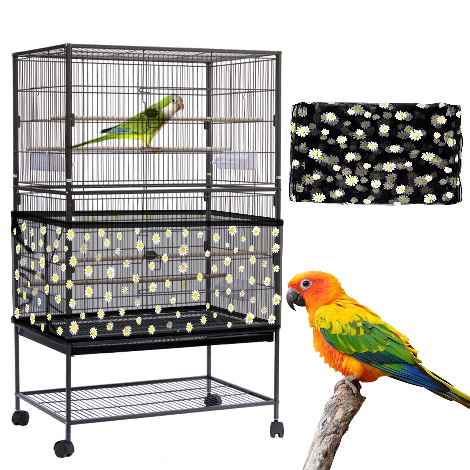 Daoeny bird cage cover with daisy design enhances aesthetics and cage presentation.