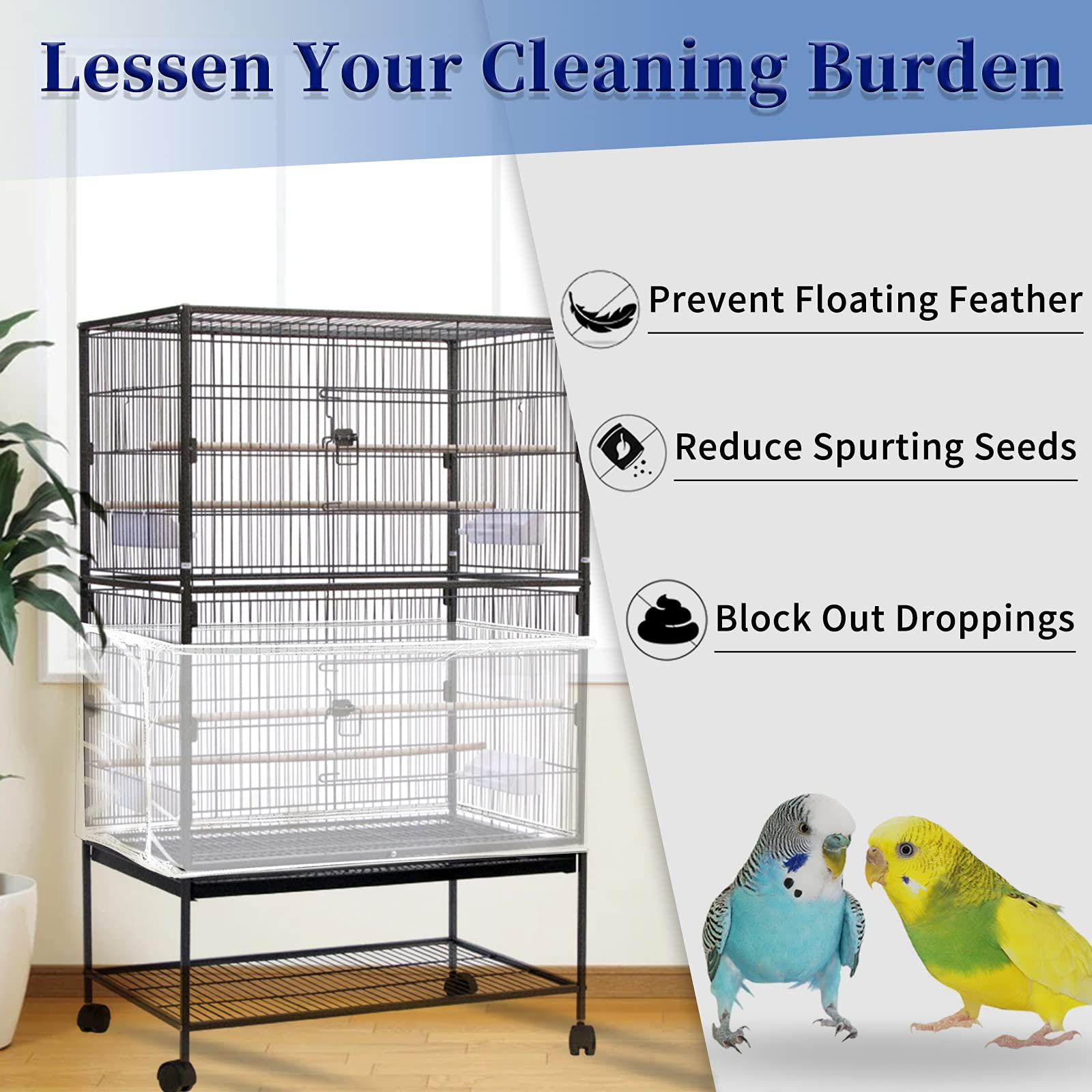 Daoeny seed catcher mesh prevents seed scatter for a cleaner floor.