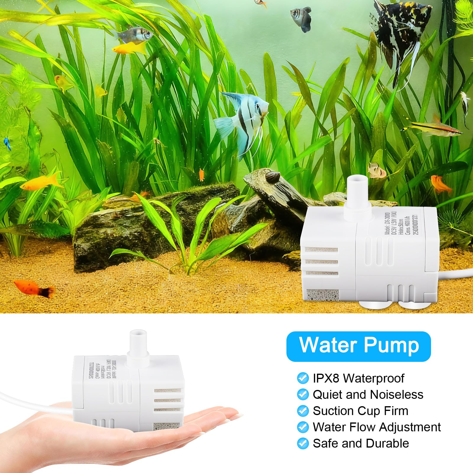 DateClean mini submersible water pump contains filter cotton pack for water clarity.