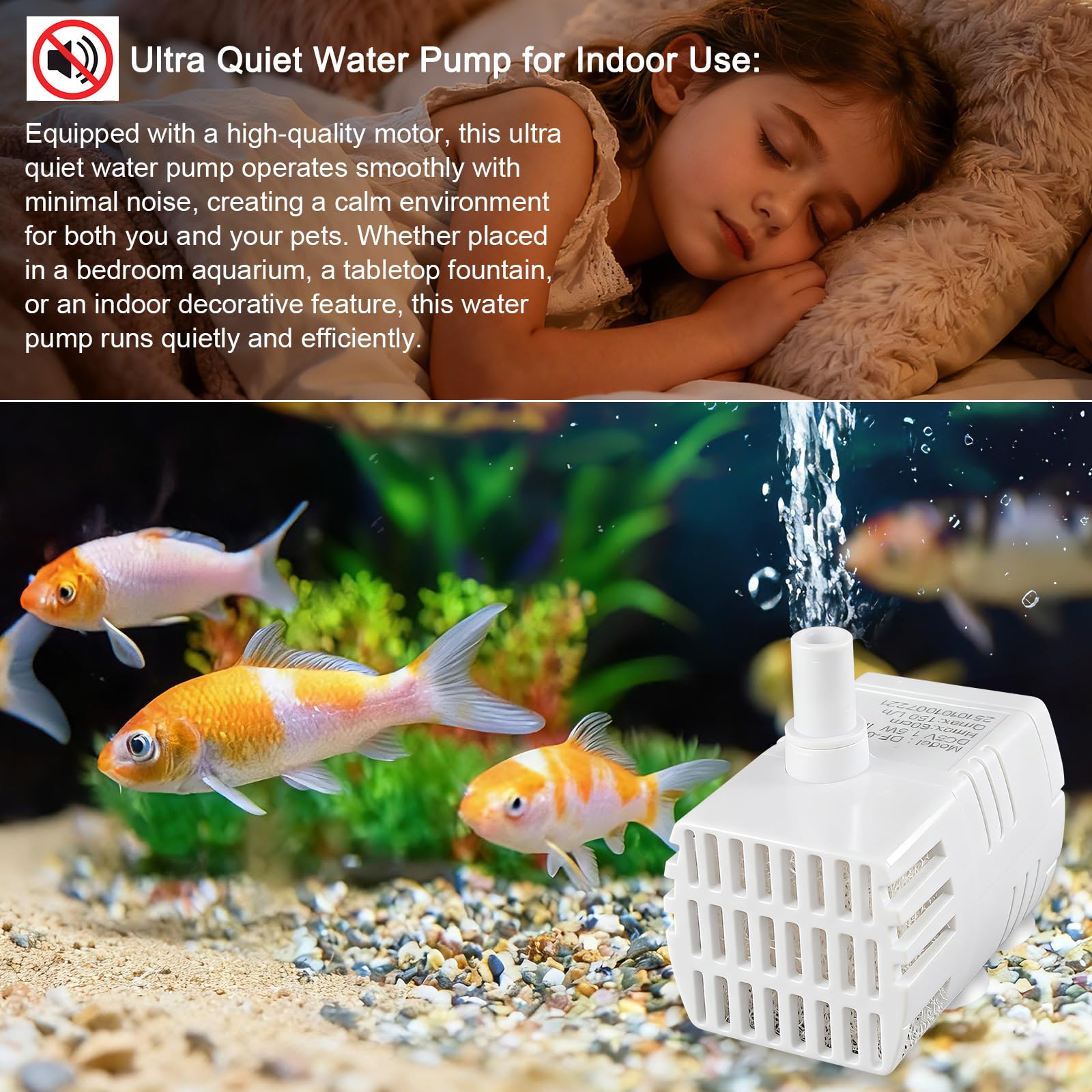 DateClean mini submersible water pump steady 30GPH flow supports healthy water movement.