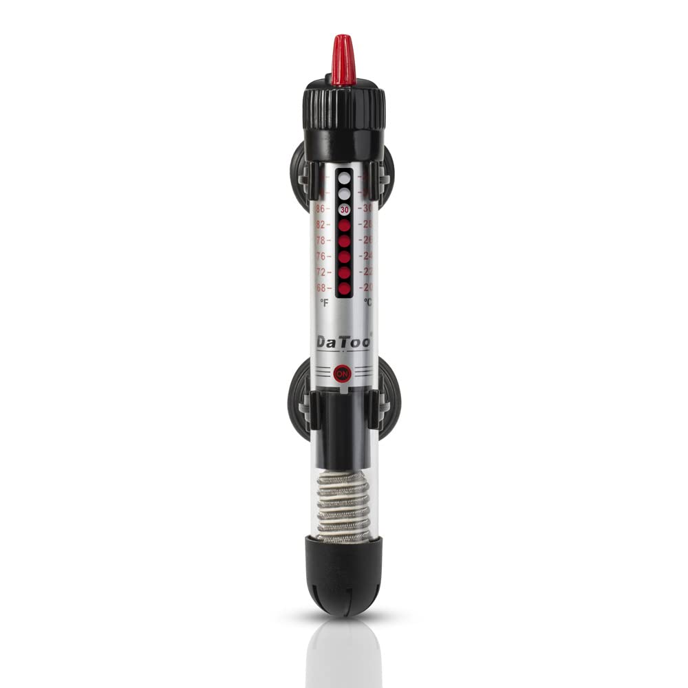 DaToo 50W aquarium heater installed in tank for reliable warmth.