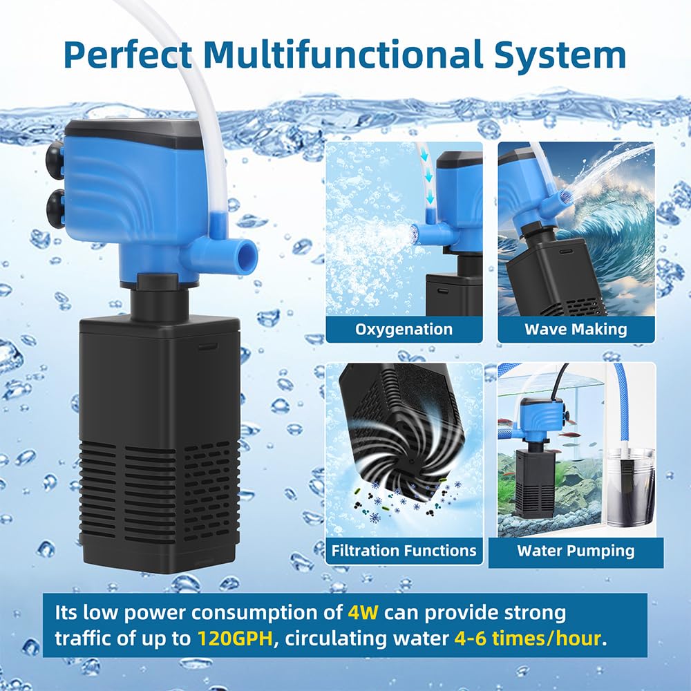 DaToo submersible filter installed inside a 5-15 gallon tank, quiet operation.