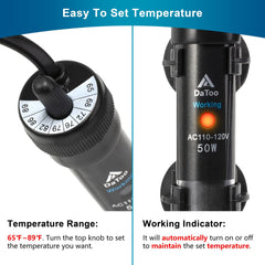 DaToo aquarium heater 50W control knob closeup for easy temperature setting