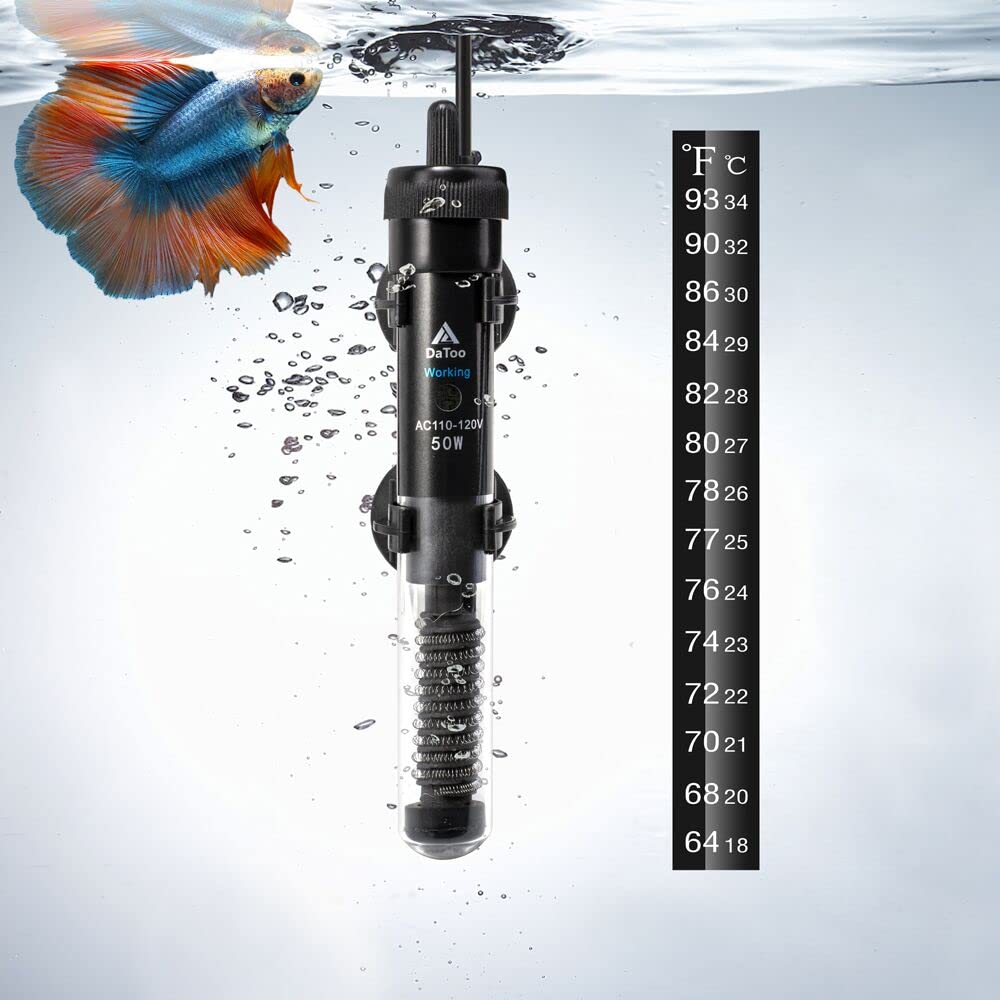 DaToo aquarium heater 50W front view shows compact design for steady warmth