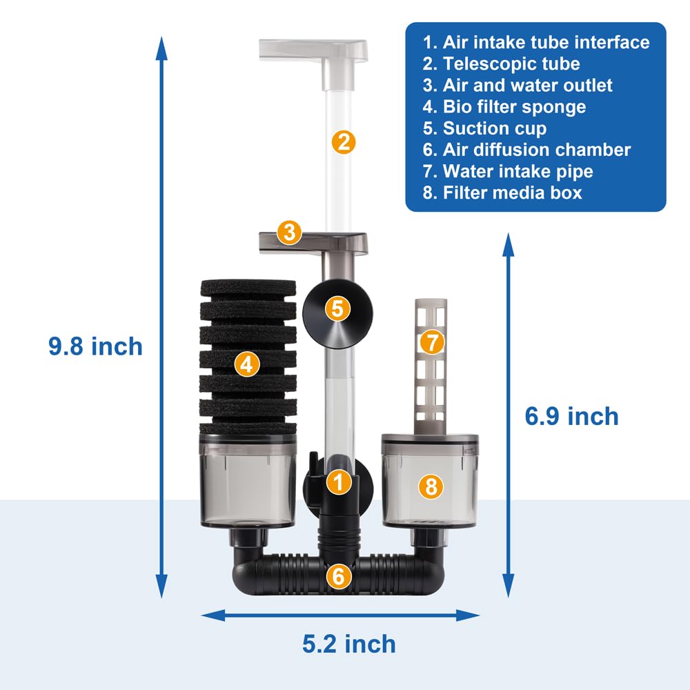 DaToo sponge filter side-angle highlights retractable outlet and oxygenation for healthier fish.
