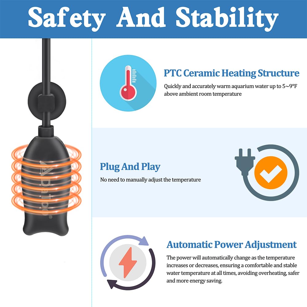 DaToo flat heater cable with suction cup for flexible placement inside the tank.