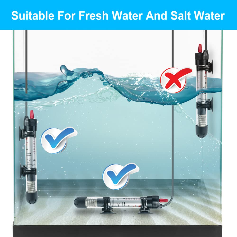 DaToo heater fits 5 to 15 gallon tanks with hoods for secure placement.
