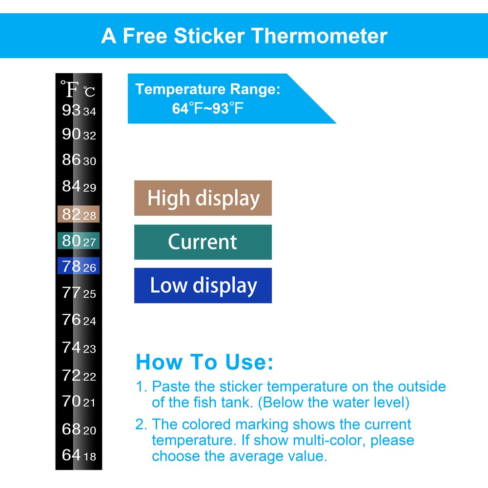 DaToo Mini Aquarium Heater includes free thermometer sticker for monitoring
