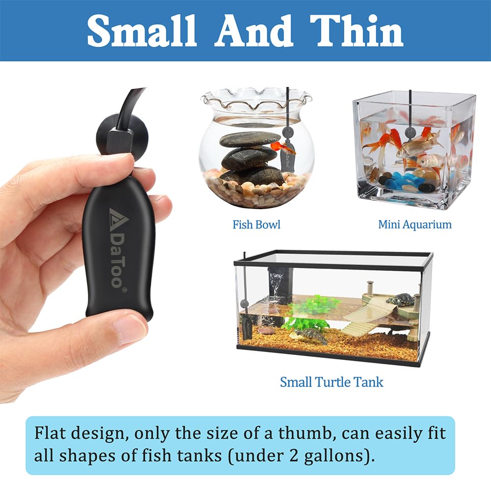 DaToo mini flat heater in a desktop aquarium setup highlighting its compact, desk-friendly design.