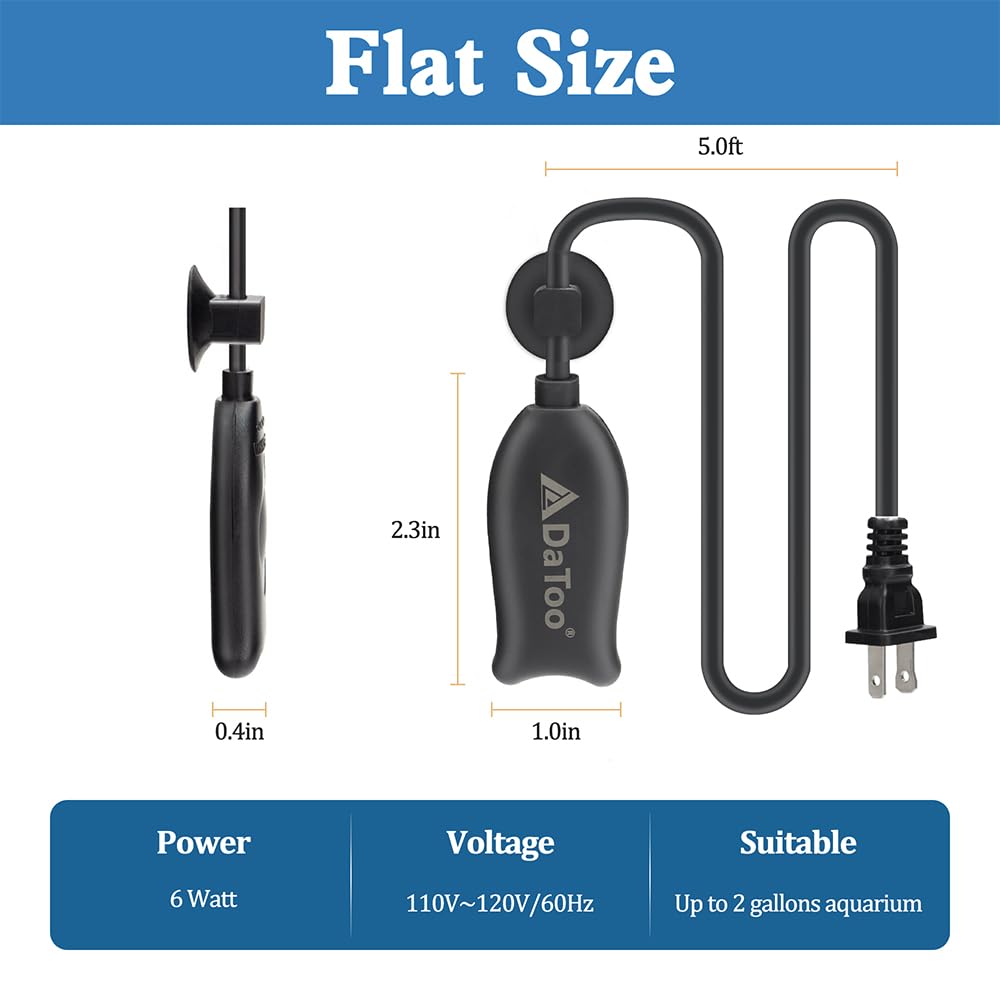 DaToo mini flat heater in aquarium demonstrates discreet warmth for up to 2-gallon tanks.