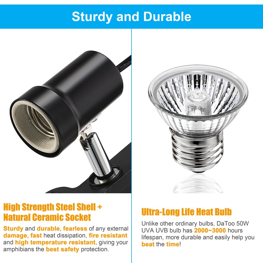 DaToo Reptile Heat Lamp 50W UVB UVA bulb for natural sunlight simulation