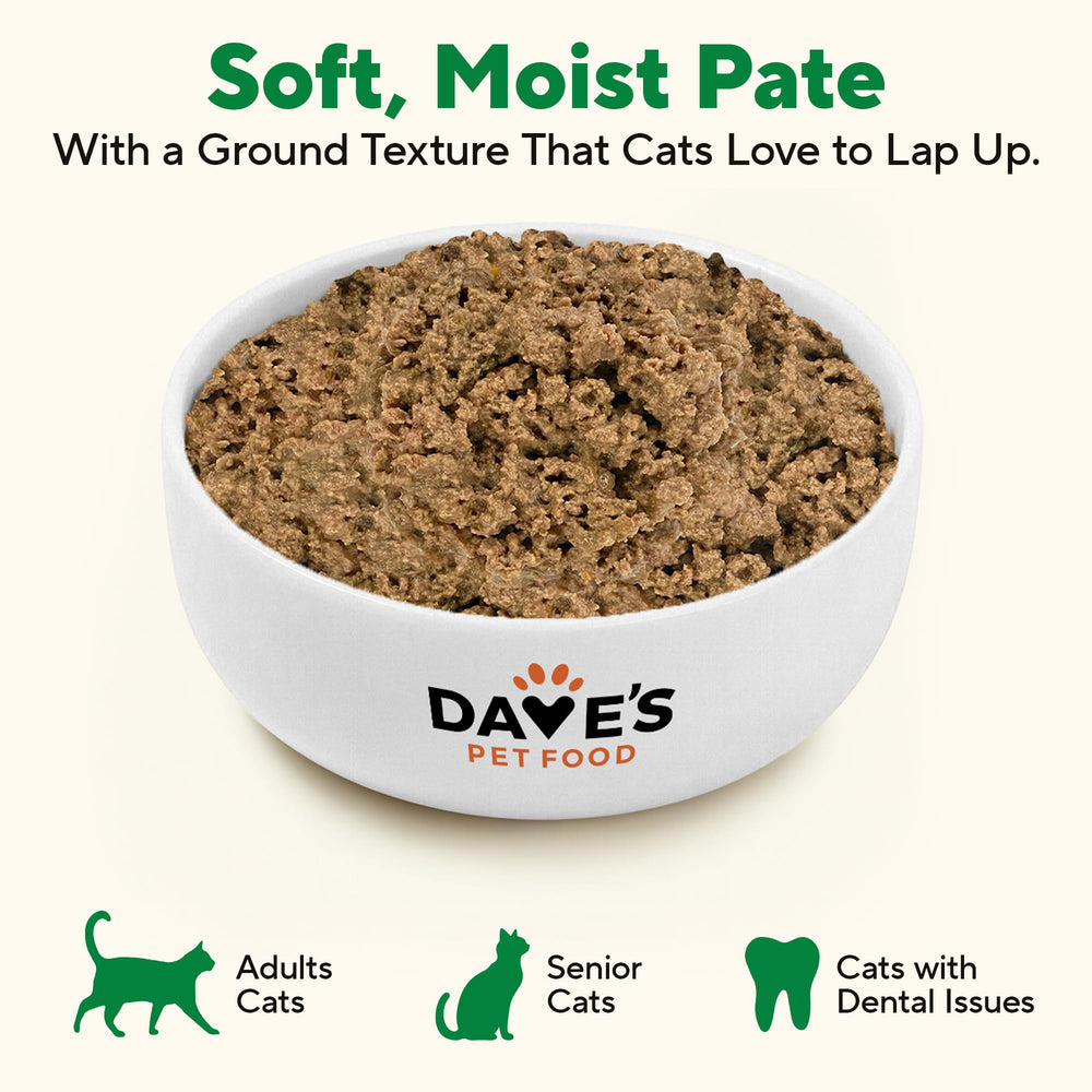 Dave's Pet Food 12-pack can packaging emphasizes convenient bulk purchase.