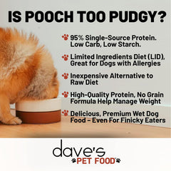 Dave's Pet Food 12-pack cans on display, convenient for steady monthly meals
