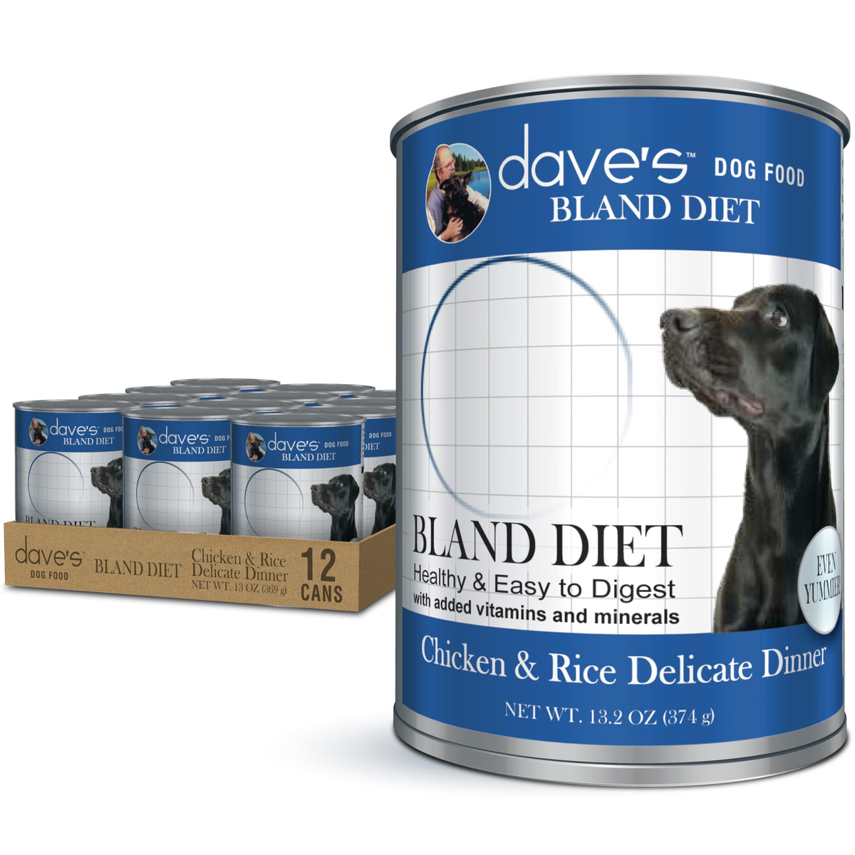 Dave's Pet Food Bland Diet chicken-rice can front highlights simple, gluten-free ingredients for delicate stomachs.