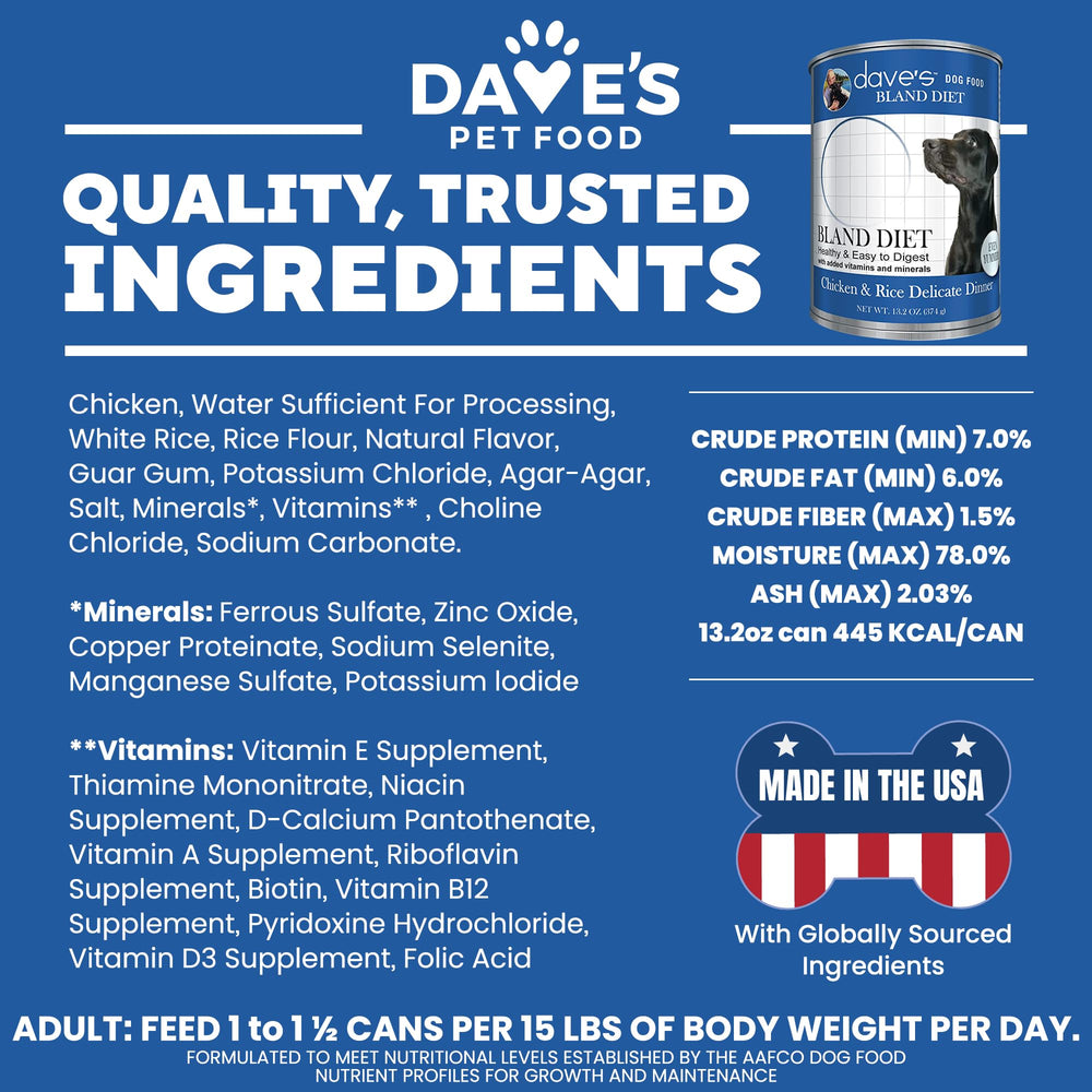 Dave's Pet Food Bland Diet case-packaging-6 shows USA-made quality by a dog-loving small business.