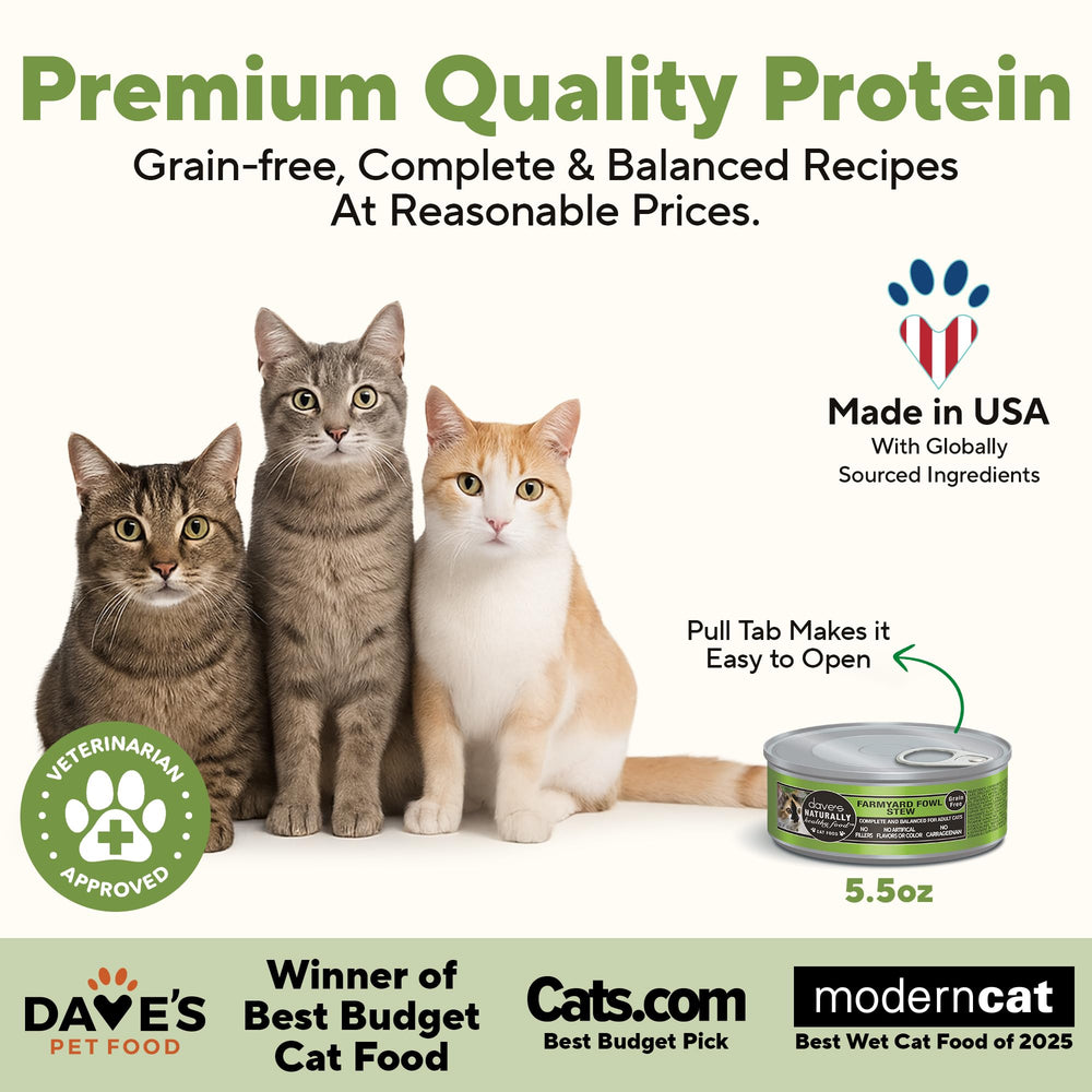Dave's Pet Food farmyard fowl chicken duck chunks in can offering protein-rich nutrition
