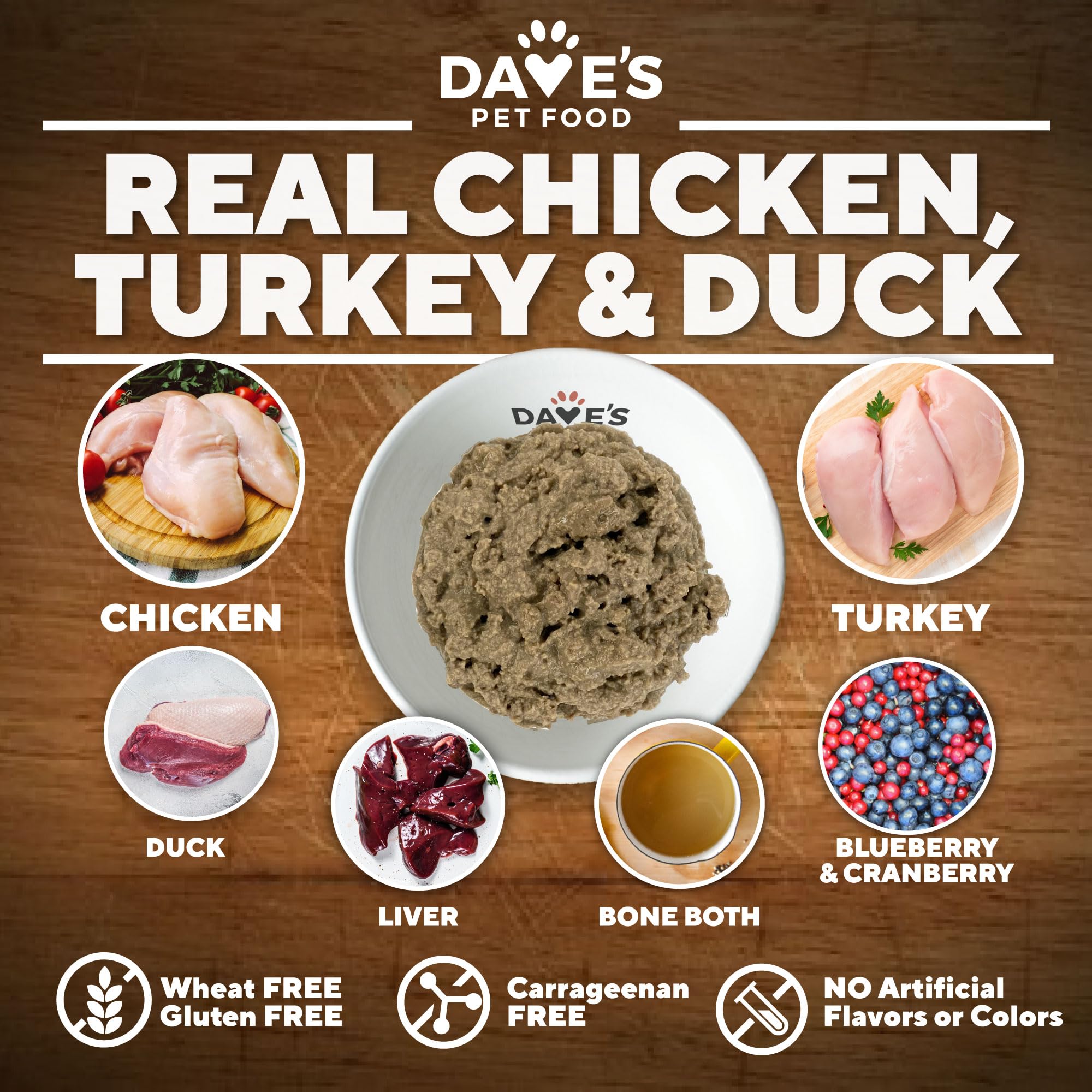 Dave's Pet Food made-in-usa badge emphasizes clean ingredients and domestic production