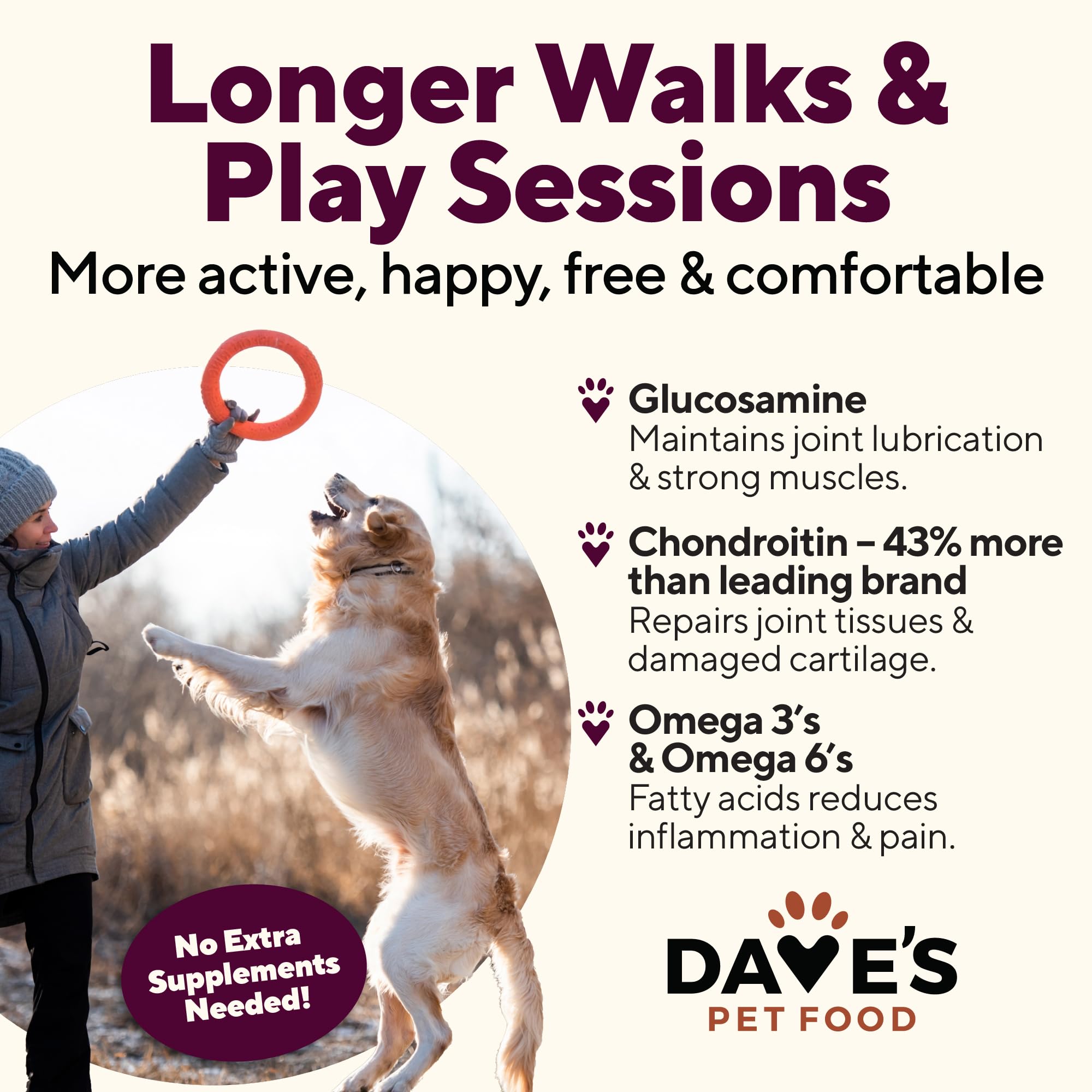 Dave's Pet Food omega-rich formulation communicates joint nourishment and antioxidants