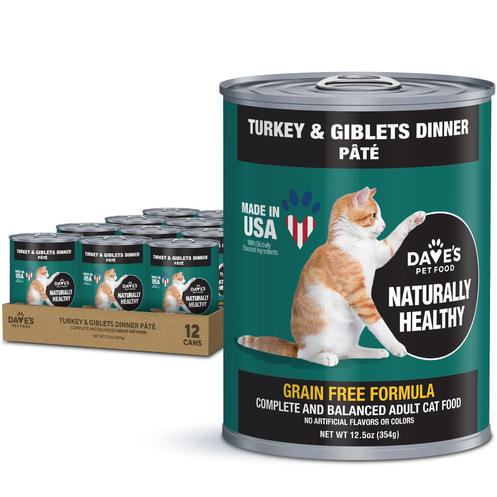 Dave's Pet Food grain-free canned cat food front can highlights turkey pâté nutrition for cats