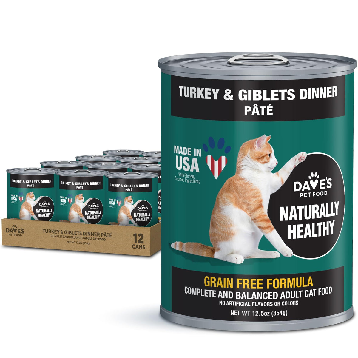 Dave's Pet Food grain-free canned cat food front can highlights turkey pâté nutrition for cats
