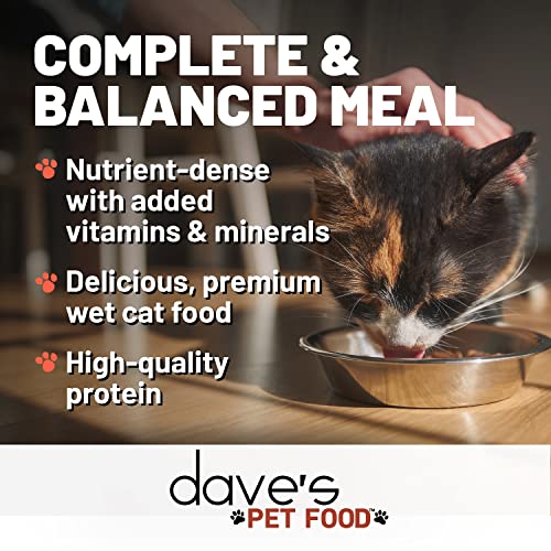 Dave's Pet Food grain-free tuna and chicken gravy cans close-up labels sensory appeal.