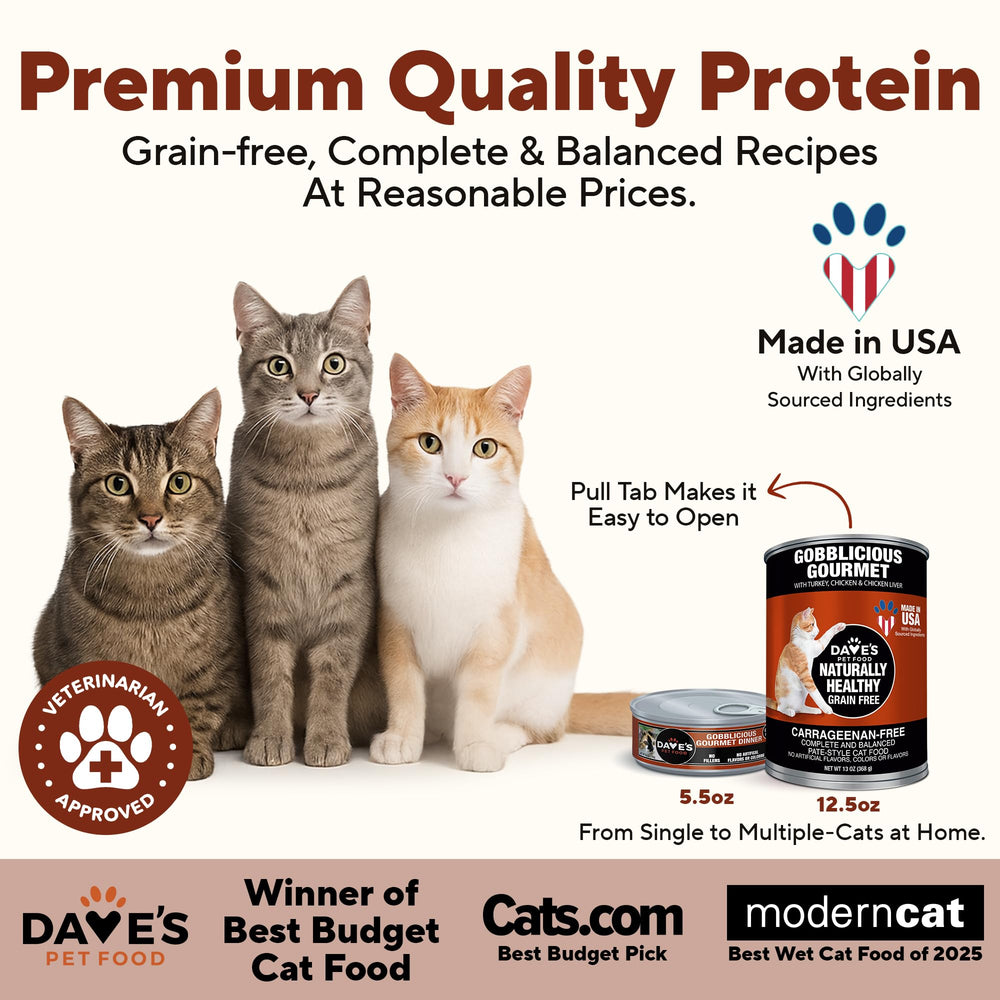 Dave's grain-free wet cat food pate texture displayed for moisture-rich meals