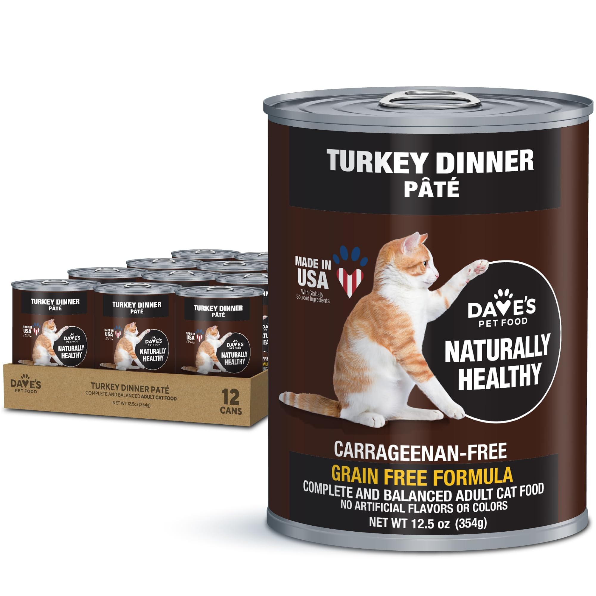 Dave's Pet Food grain-free wet cat food turkey cans front highlights grain-free recipe and turkey flavor