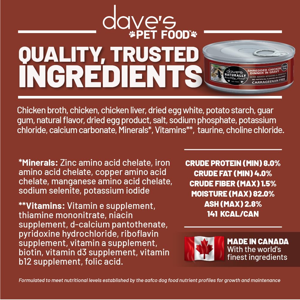 Dave's Pet Food grain-free wet cat label, GMO-free promise with no artificial flavors.