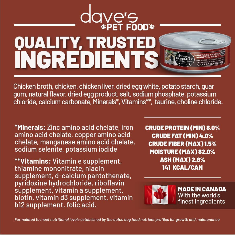 Dave's Pet Food grain-free wet cat label, GMO-free promise with no artificial flavors.