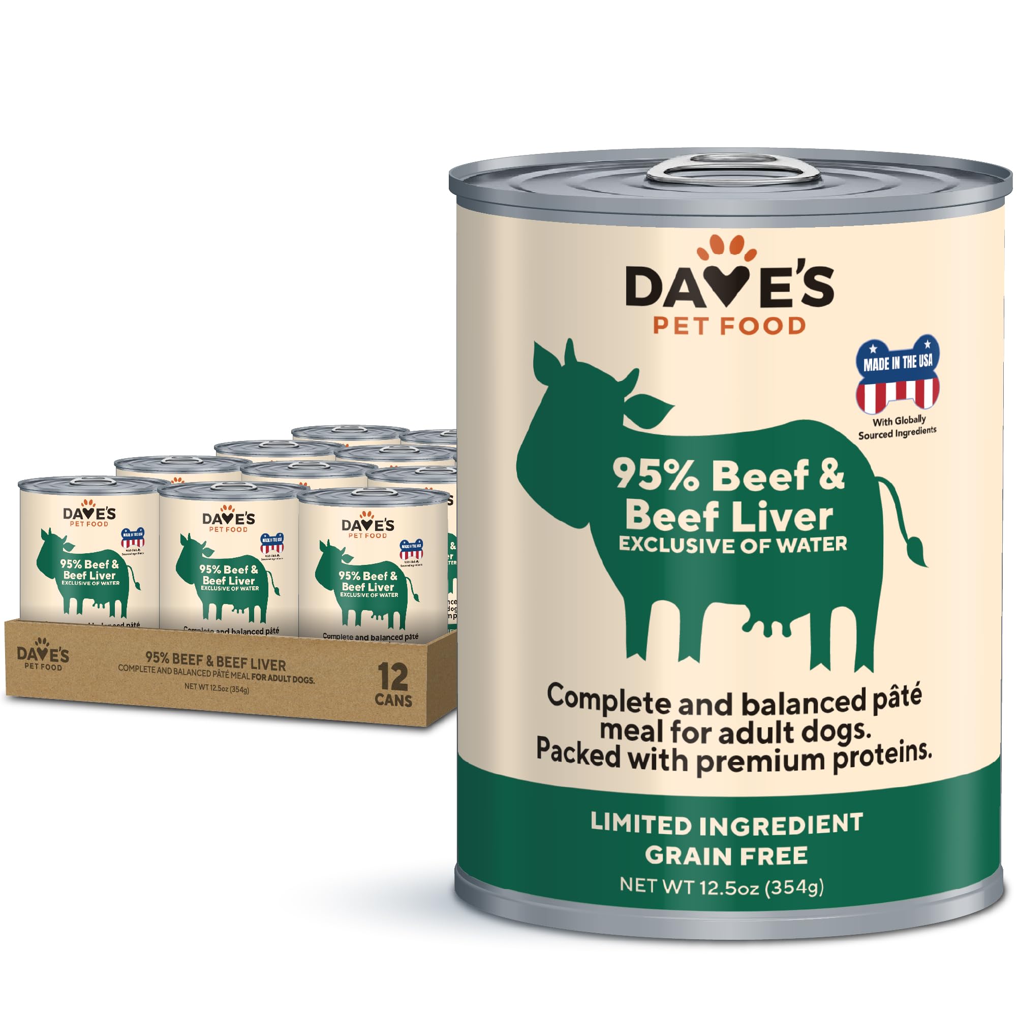Dave's Pet Food grain-free wet dog food with beef and liver in a serving bowl.