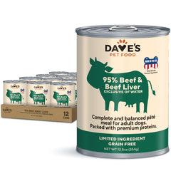 Dave's Pet Food grain-free wet dog food with beef and liver in a serving bowl.