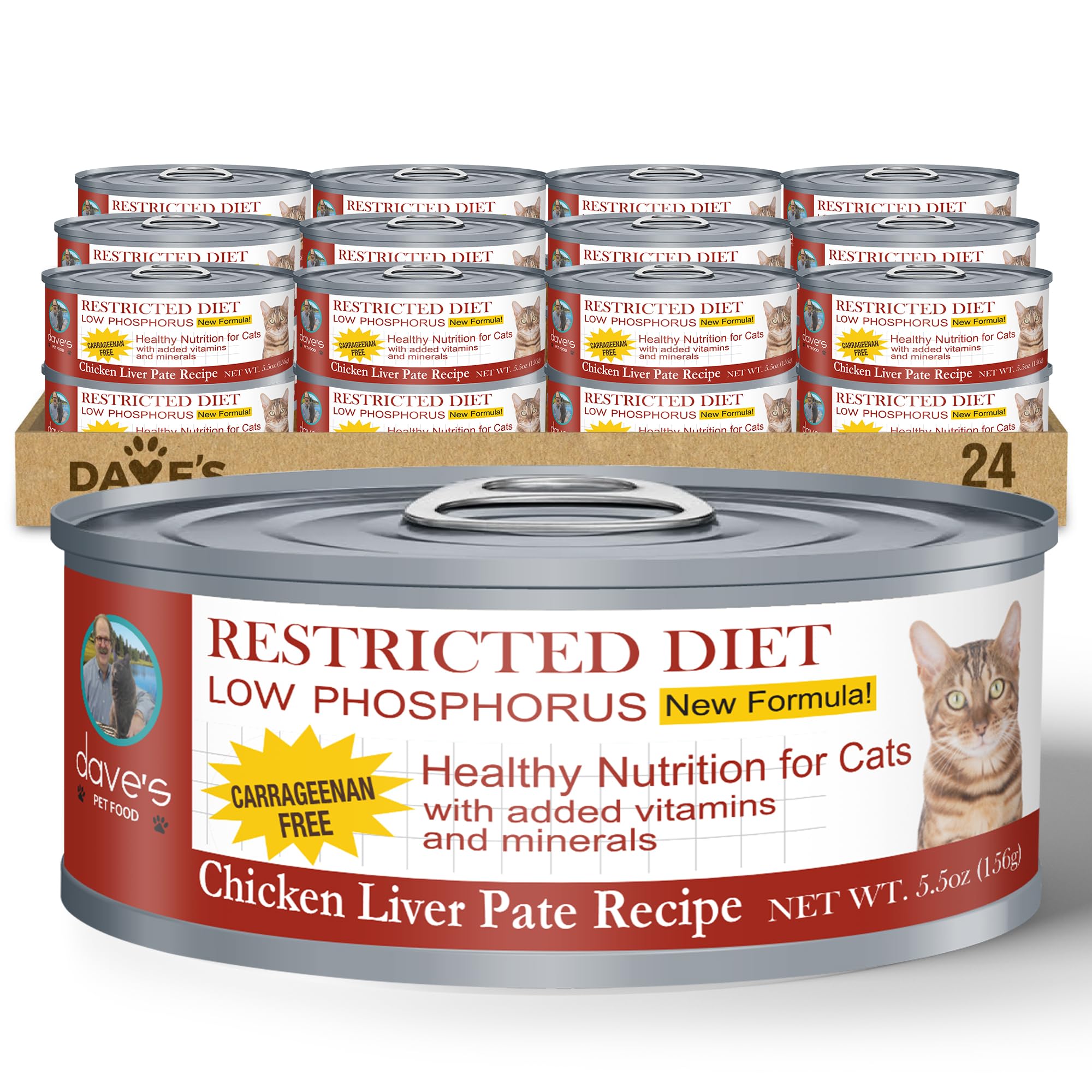 Dave's Pet Food kidney-support wet cat food label close-up highlighting low phosphorus