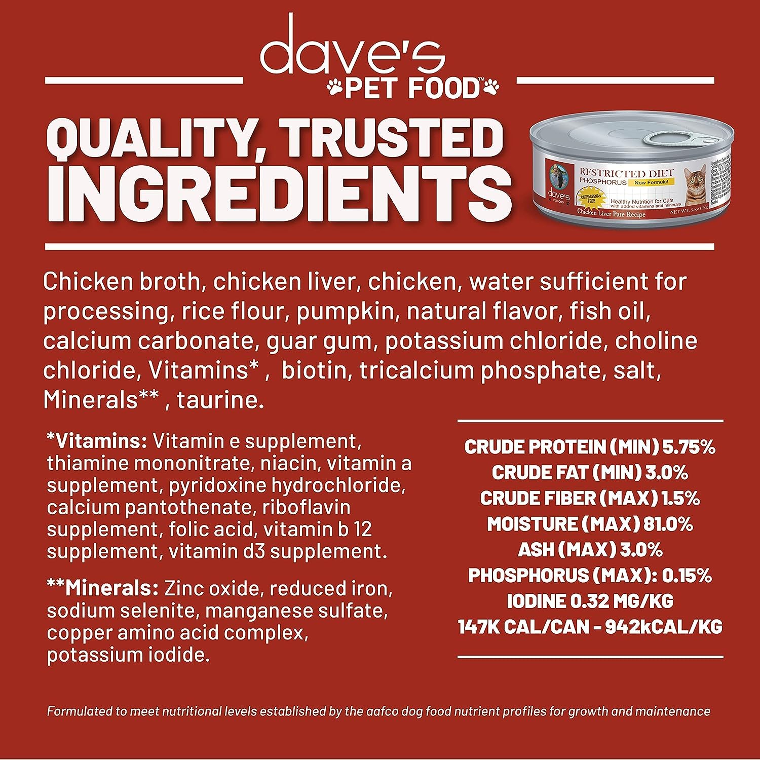 Dave's Pet Food kidney-support wet cat food nutrition graphics emphasize essential vitamins & taurine