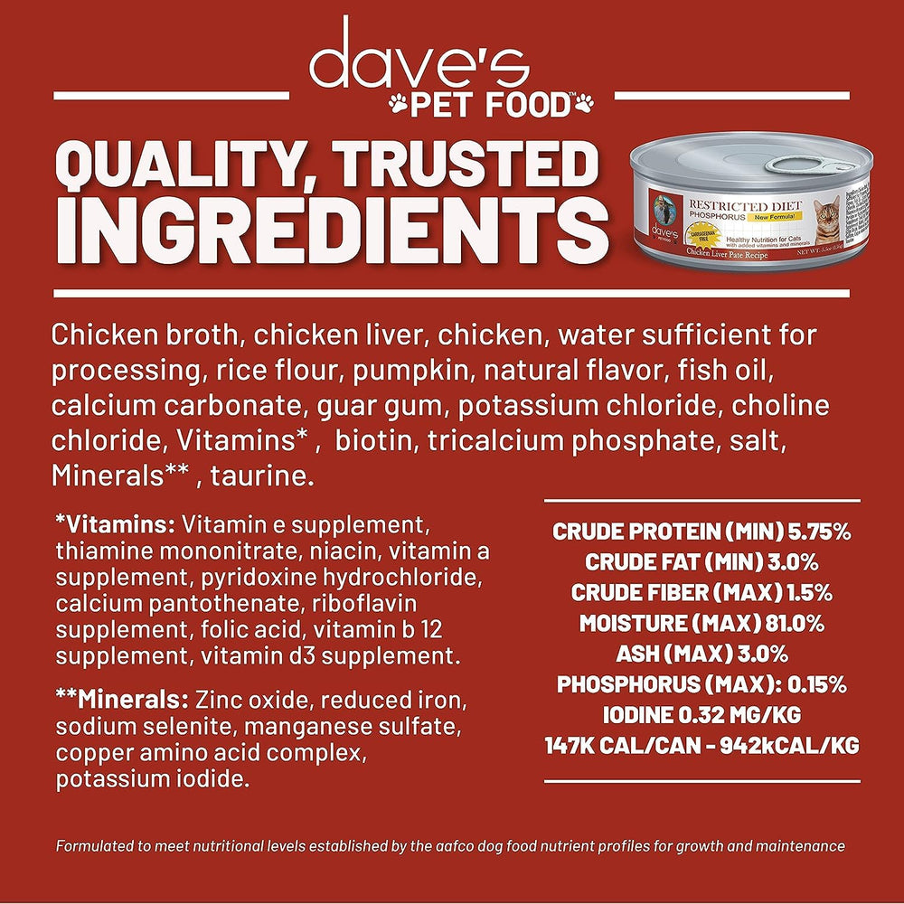 Dave's Pet Food kidney-support wet cat food nutrition graphics emphasize essential vitamins & taurine