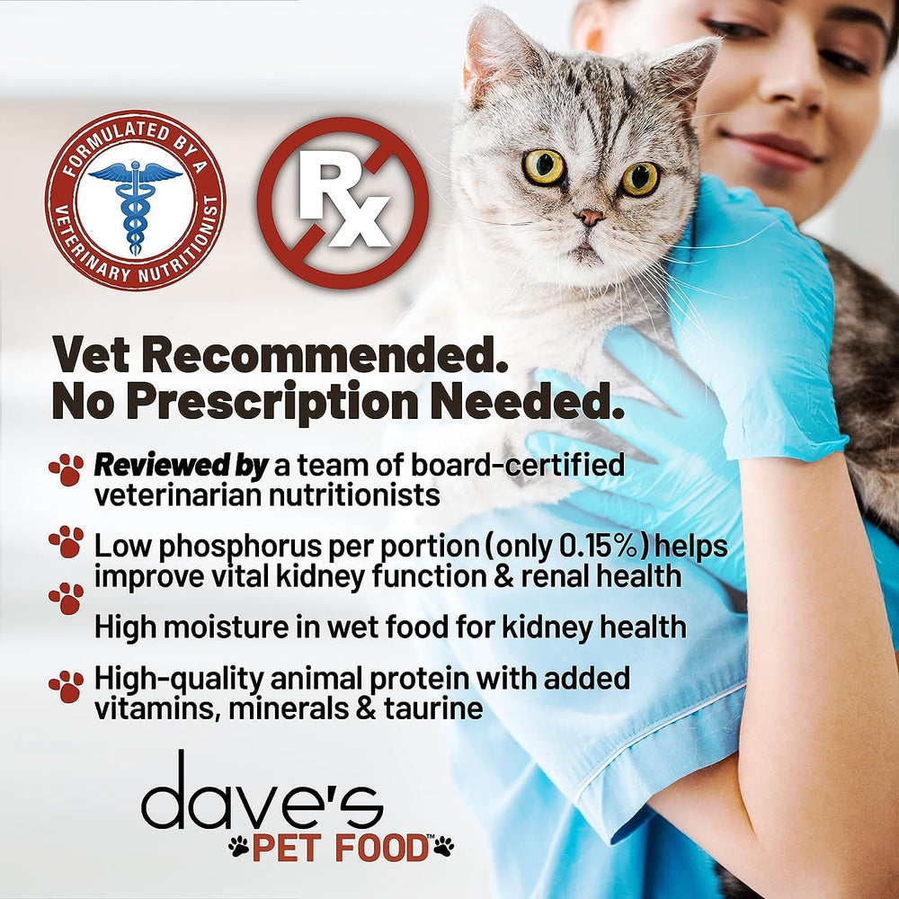 Dave's Pet Food kidney-support wet cat food tin packaging shows easy portioning for daily feeding