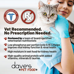 Dave's Pet Food kidney-support wet cat food tin packaging shows easy portioning for daily feeding