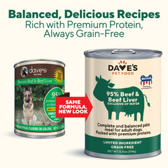 Dave's Pet Food can label proudly shows made in the USA and quality sourcing.