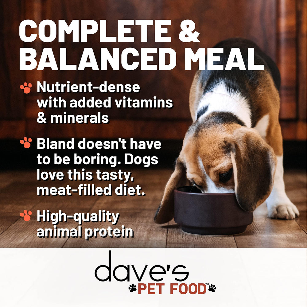 Dave's Pet Food no-grain formula badge on label, grain-free dietary option