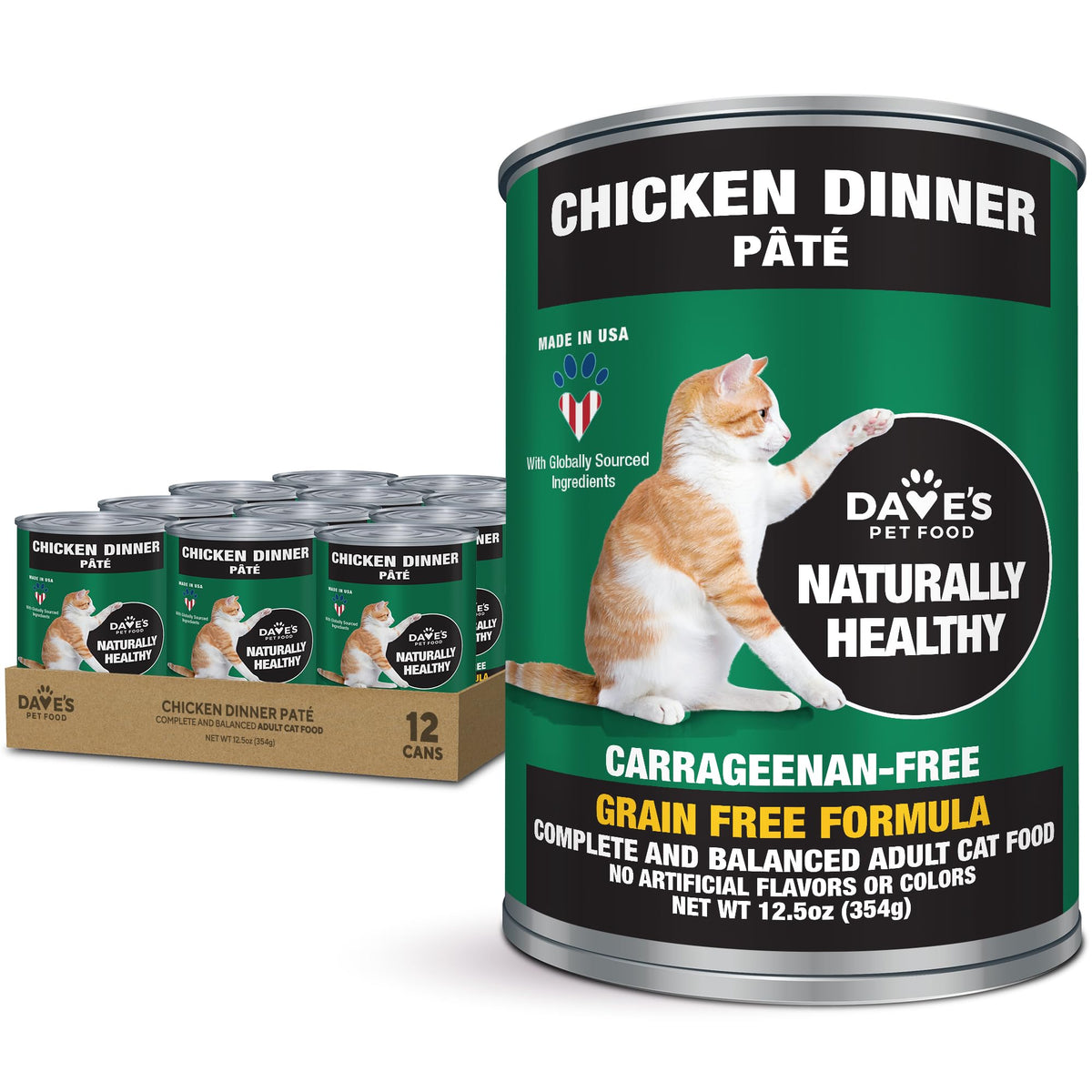 Dave's Pet Food pate-chicken cat can closeup highlights grain-free protein for cats.