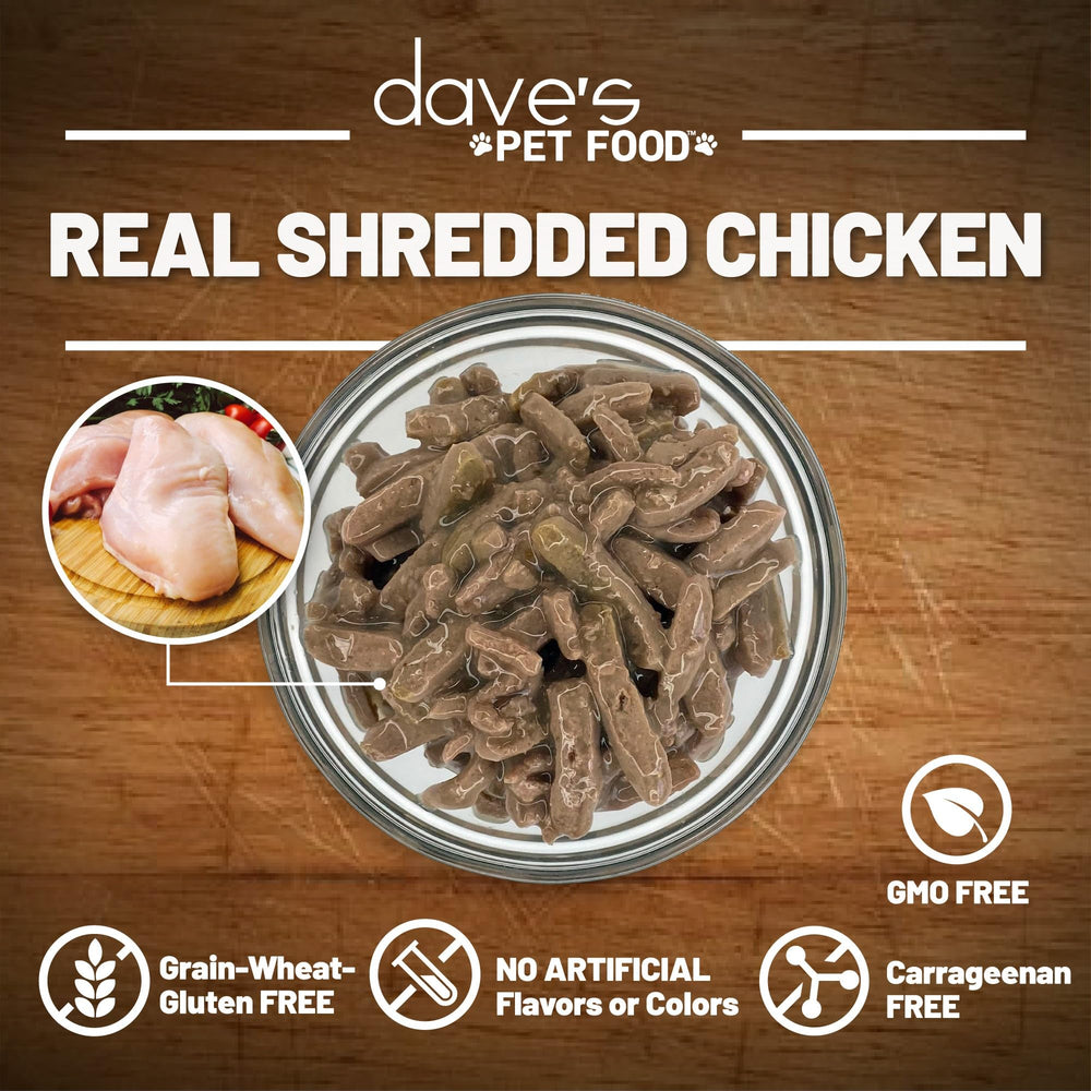 Dave's Pet Food shredded chicken in gravy serving, ready-to-serve texture for quick meals.