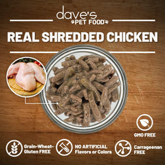 Dave's Pet Food shredded chicken in gravy serving, ready-to-serve texture for quick meals.