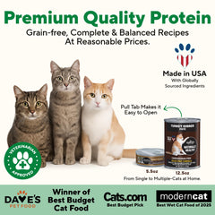 Dave's Pet Food turkey wet cat food serving bowl emphasizes easy serving and hydration support