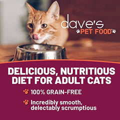 Dave's Pet Food wet cat food served in a dish highlights the tasty gravy option.