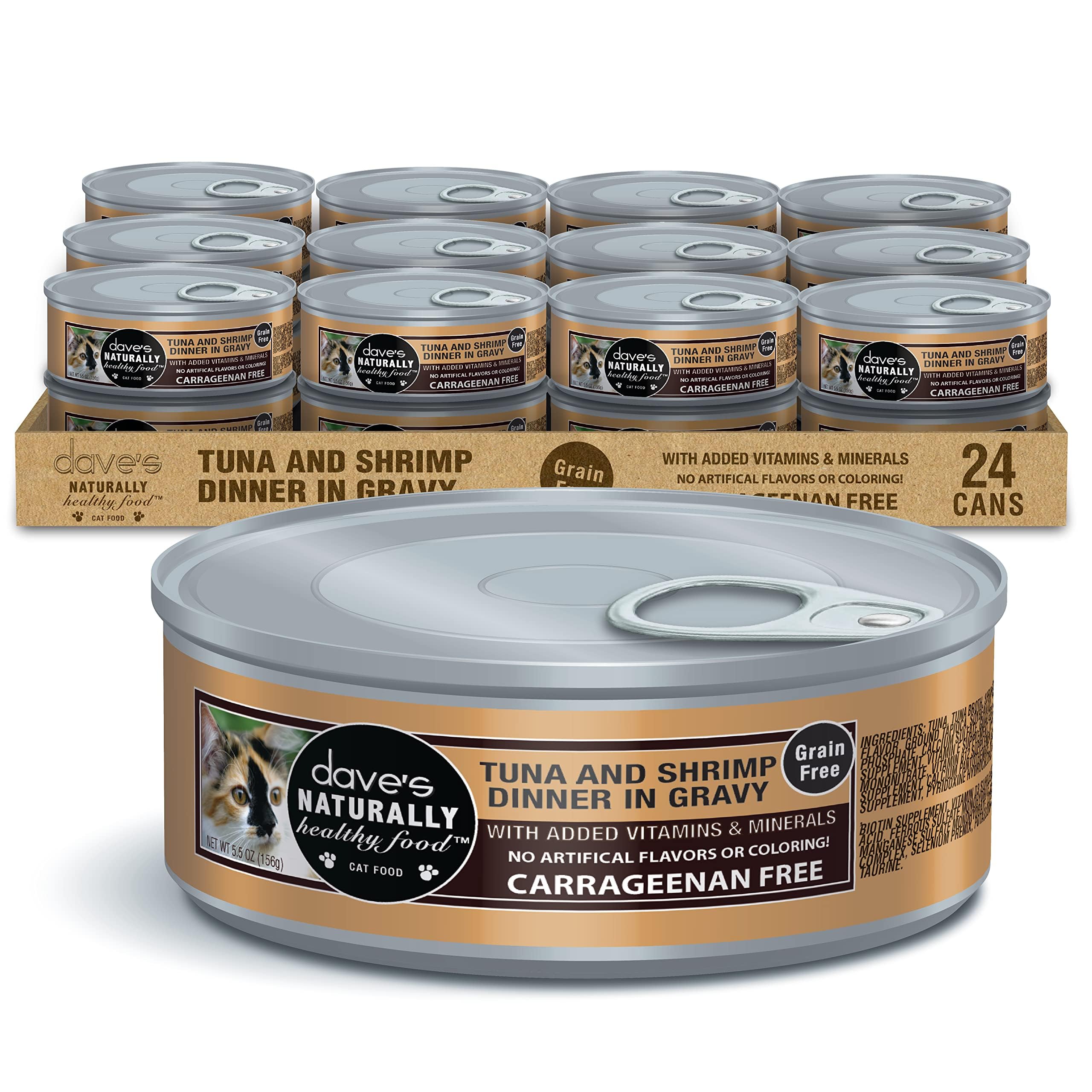 Dave's Pet Food wet cat food gravy tuna-shrimp can closeup highlights savory hydration