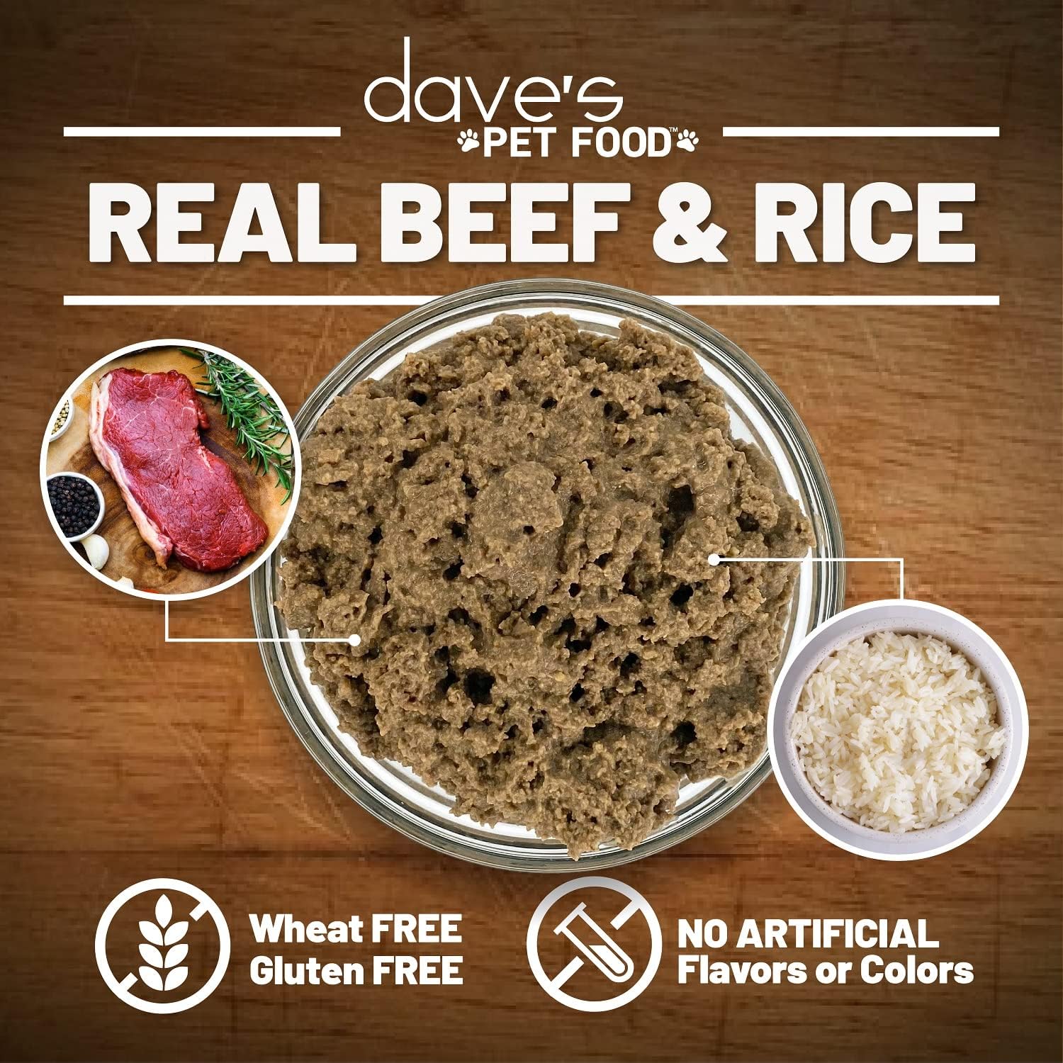 Dave's Pet Food beef and rice back-of-label showcases USA-made quality and gluten-free recipe.